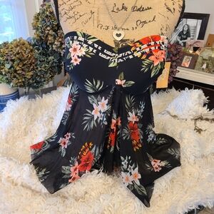 Kona Sol - Black Floral Strapless Swim Top - NWT - L